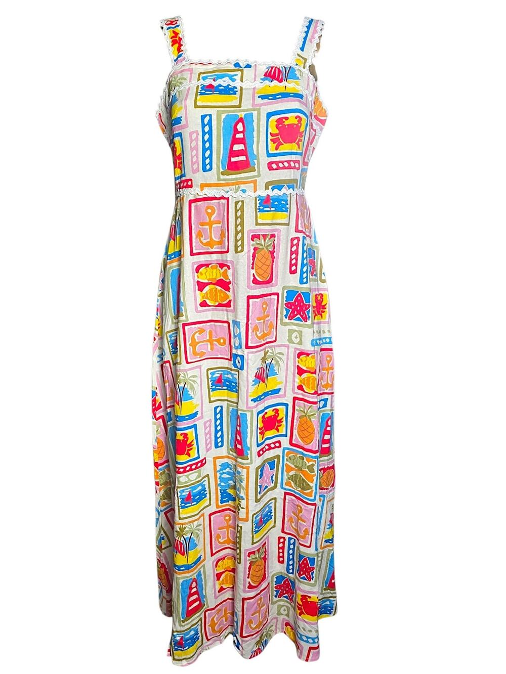 Commense Mediterranean Postcard Print Linen Blend Maxi Dress Small Nwt